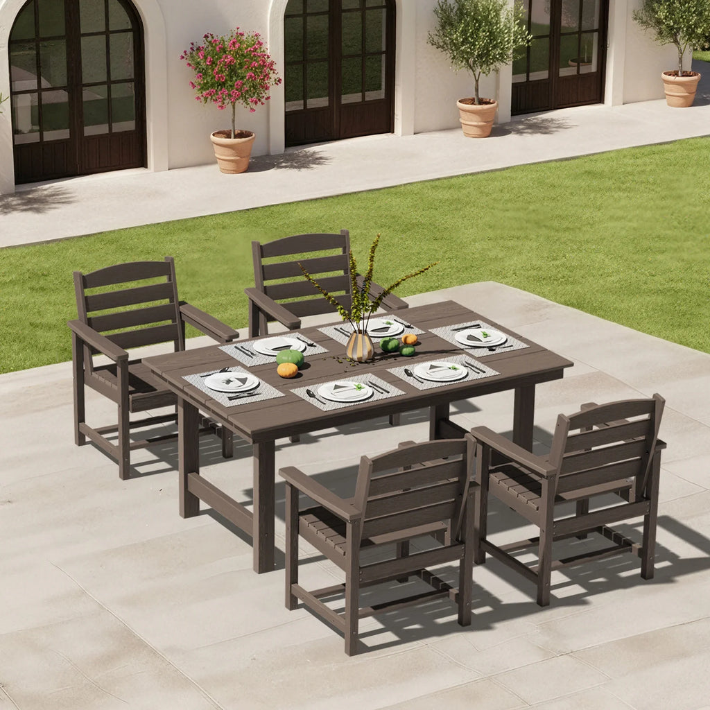 KINGYES 7-Piece Outdoor Dining Set, HDPE Patio Table and Chairs with Umbrella Hole, Gray