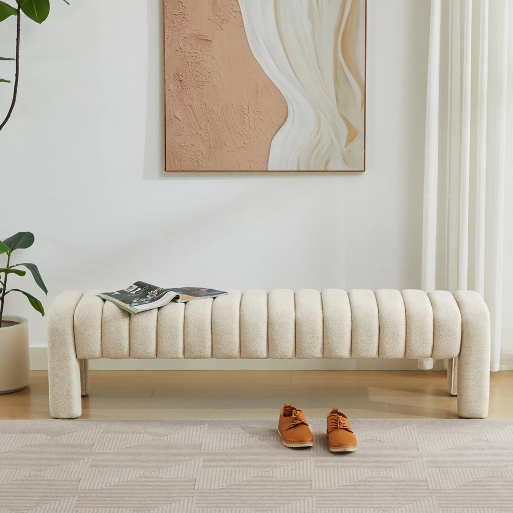 Zesthouse 63" End of Bed Bench, Linen Tufted Upholstered Ottoman Bench with Padded Seat and Solid Wood Leg, Modern Entryway Bench for Bedroom, Living Room, Beige