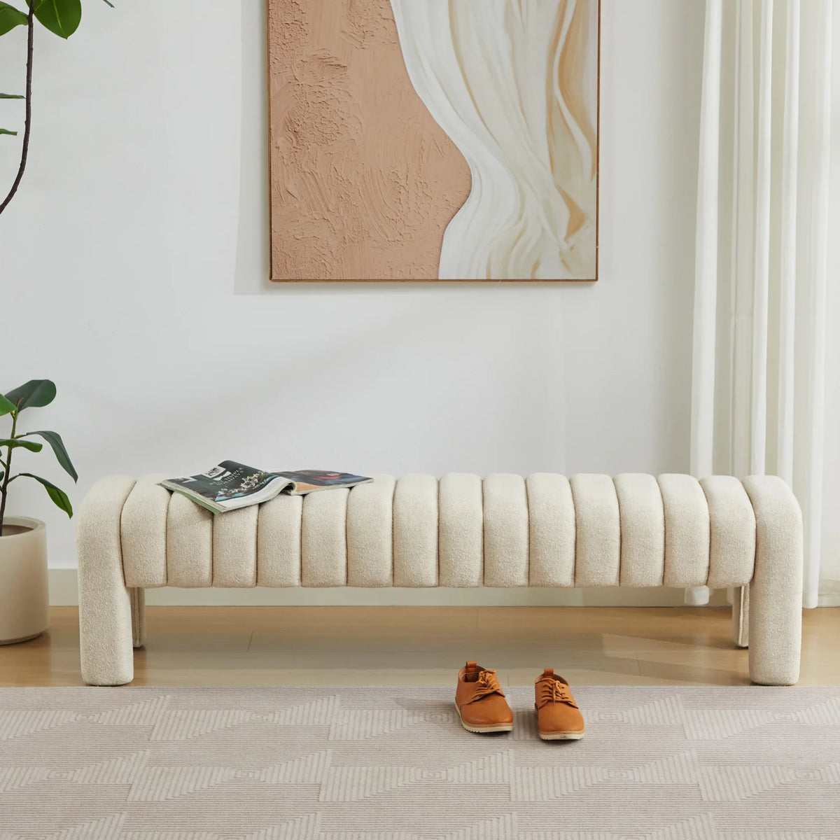 Zesthouse 63" End of Bed Bench, Linen Tufted Upholstered Ottoman Bench with Padded Seat and Solid Wood Leg, Modern Entryway Bench for Bedroom, Living Room, Beige
