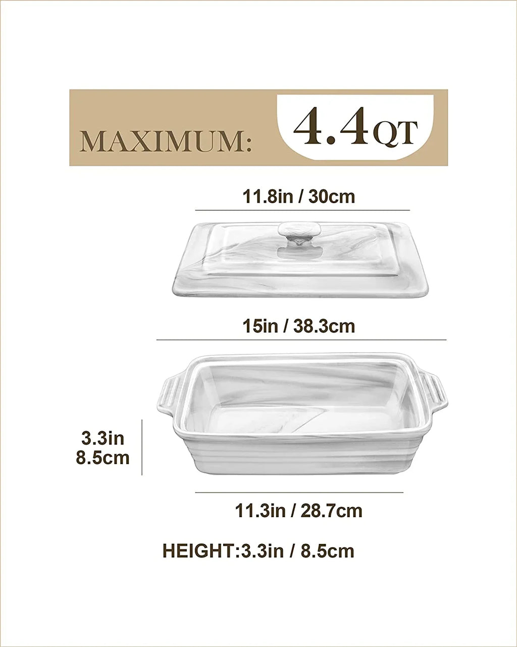 Large Ceramic Casserole Dish with Lid, 4.4 Quart Baking Pan for Oven, Microwave & Dishwasher