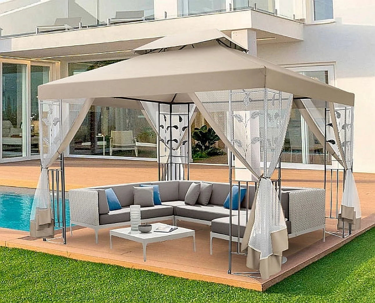 COBIZI 10' x 13' Pop Up Gazebo, Screened Patio Gazebo, Outdoor Steel Double Roof Canopy Tent, Metal Frame Canopy with Mosquito Netting, Sunshade for Garden, Lawns, Gray