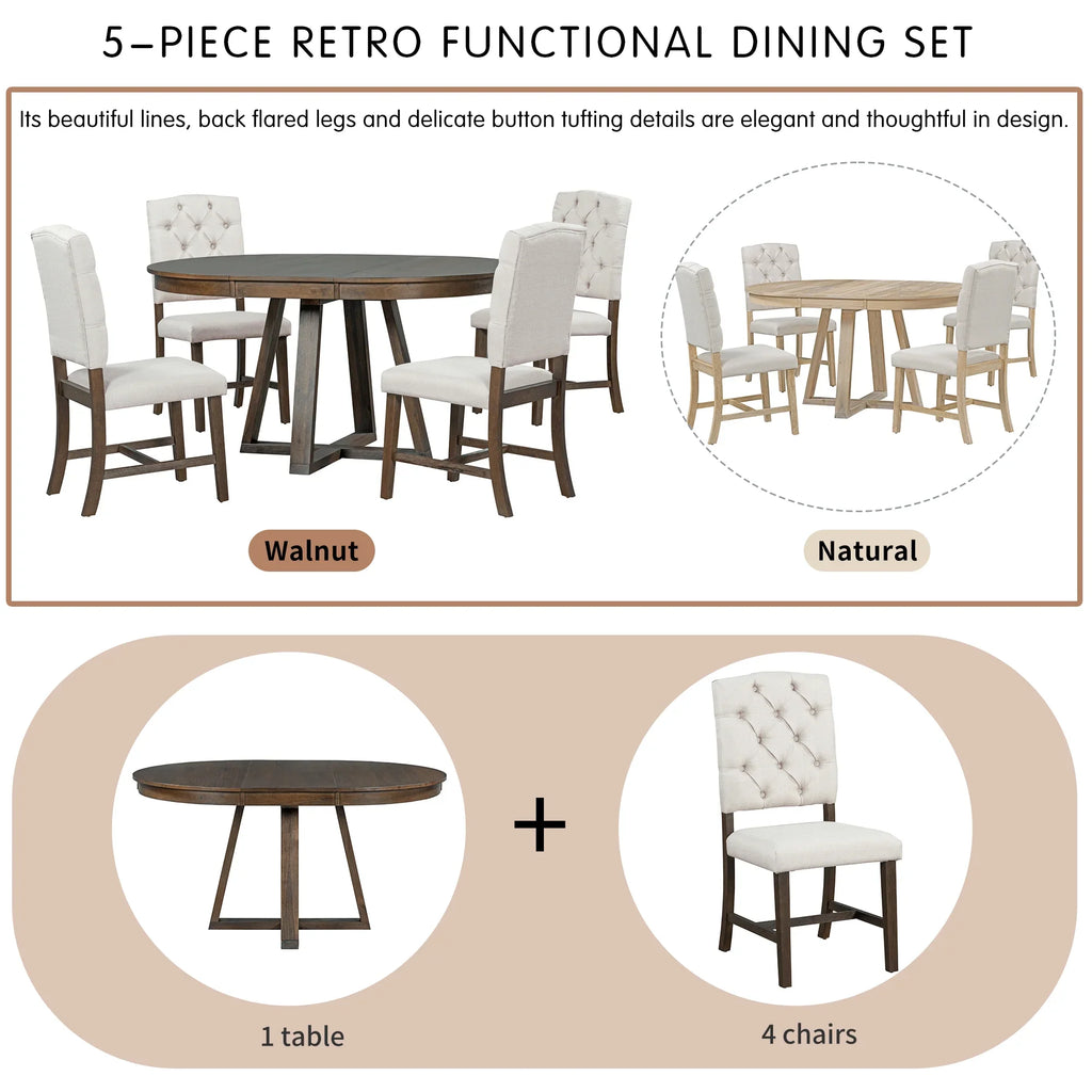 Harper & Bright Designs Round Extendable Dining Table Set for 4, 5 Piece Farmhouse Wood Dining Table Set with 4 Upholstered Dining Chairs, Natural Wood Wash