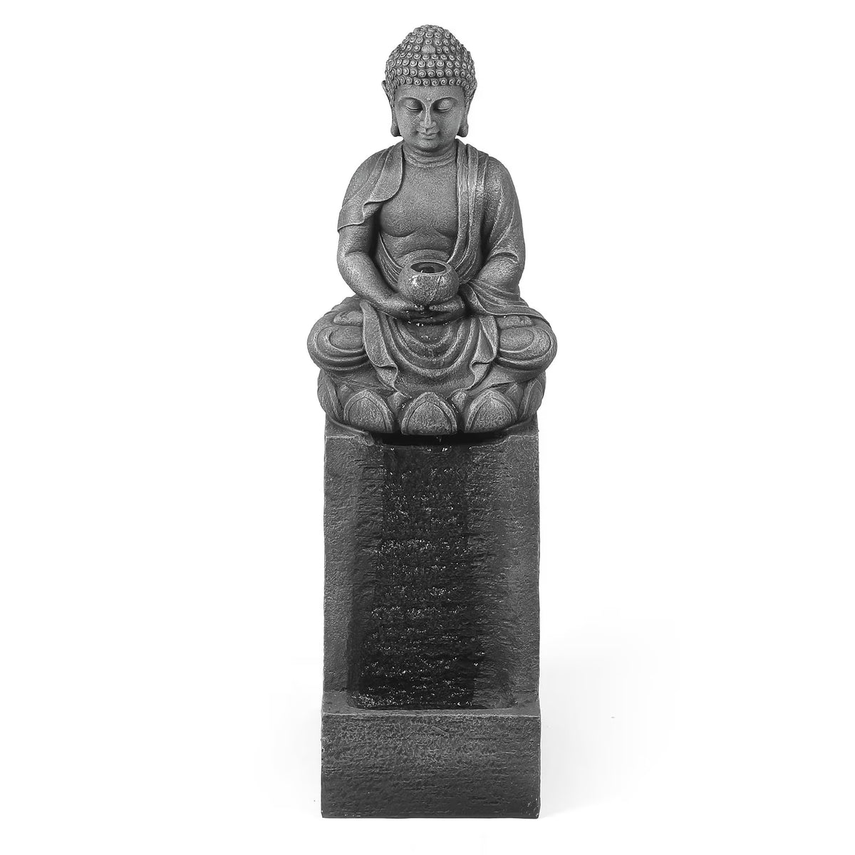 LuxenHome 35" Meditating Buddha Outdoor Water Fountain with LED Lights, Gray Resin Waterfall Fountains Garden Decor