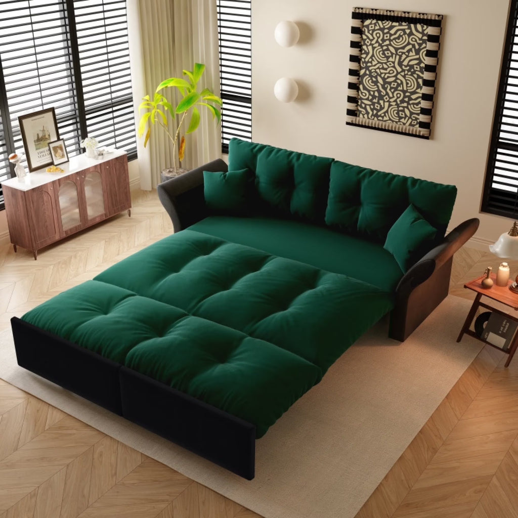 66" Queen Pull Out Sofa Bed, 3-in-1 Convertible Sleeper Sofa with Side Storage,Multi-Functional Velvet Loveseat Bed for Living Room,Bedroom