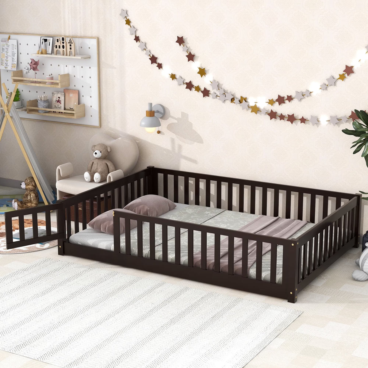 PAPROOS Twin Size Floor Bed, Solid Wood Toddler Bed with Slat, Fence Guardrail and Door, No Box Spring Needed, Montessori Bed, Twin Bed for Kids, Boys, Girls, Gray