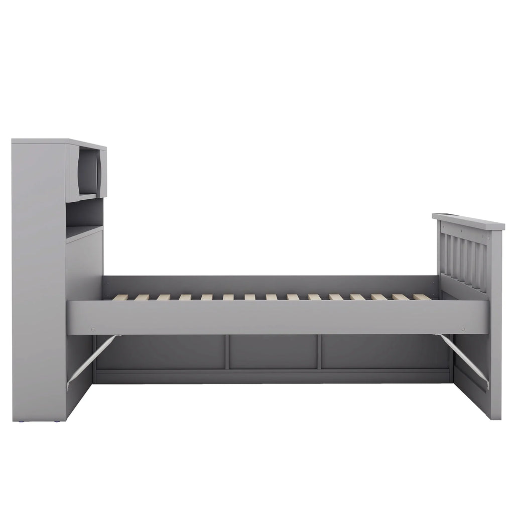Euroco Wood Twin Size Platform Bed with Storage Headboard, Captain Bed with 4 Drawers, Bookcase and Cabinets, Gray