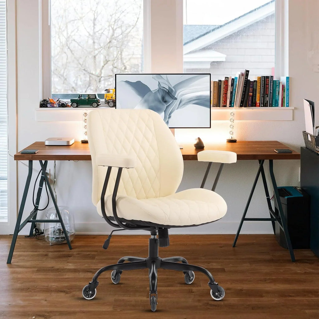 QW Home Office Desk Chair Office Rubber Casters Ergonomic Computer Chair with Lumbar Support Adjustable Height Rolling Swivel Executive Task Armrests Chair. Brown Leather