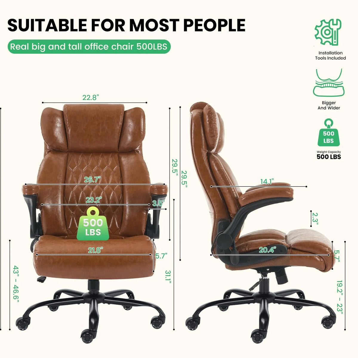 Ninecer 500lbs Big and Tall Office Chair with Inflatable Lumbar Support, Ergonomic Executive Desk Chair with Extra Wide Seat, Adjustable Height Computer Chair, Heavy Duty Leather Office Chair, Black