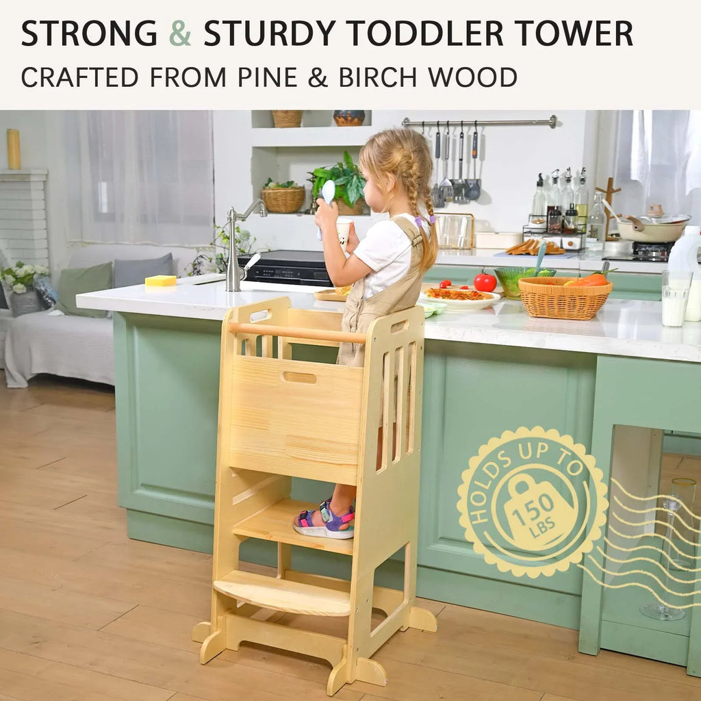 Toddler Standing Tower, Kids Kitchen Stool Helper 3 Levels Adjustable Height Wooden Toddler Step Stools for Learning New Skills