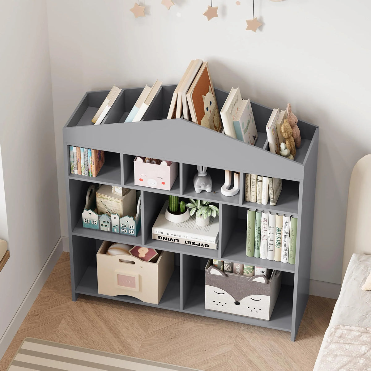 DSstyles Kids Bookshelf 9-Cubby Toy Storage Organizer White Bookcase Toddlers Playhouse Cabinet Shelf for Boys Girls Wooden Storage Toy Shelf for Playroom, Nursery, Kids Room