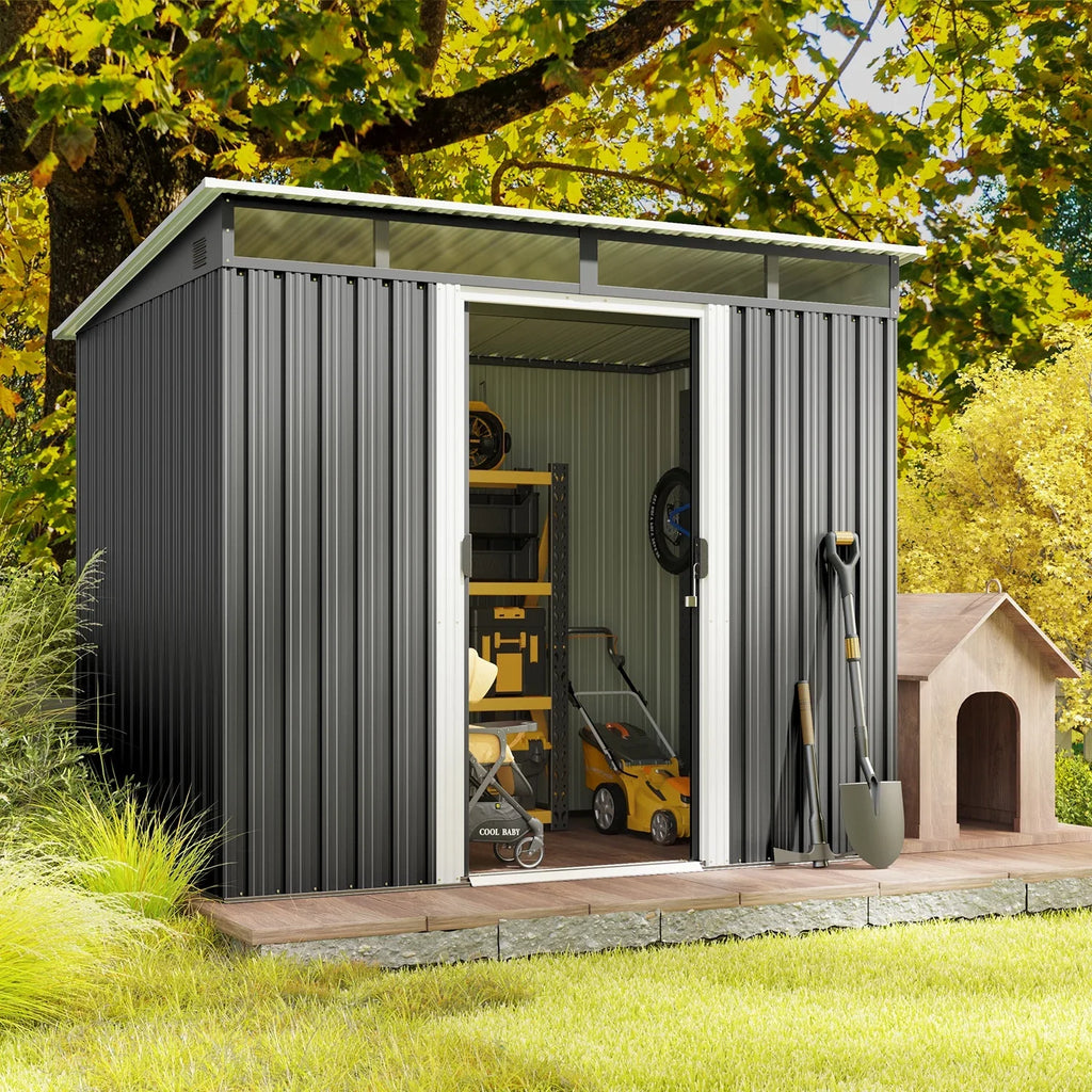 8'x6'ft Metal Shed, Asofer Outdoor Storage Shed with Transparent Panel Window for Garden, Dark Gray