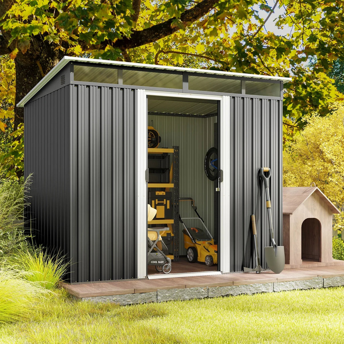 8'x6'ft Metal Shed, Asofer Outdoor Storage Shed with Transparent Panel Window for Garden, Dark Gray