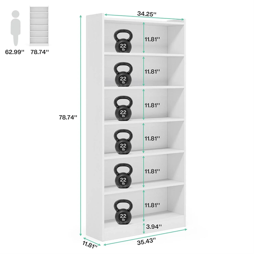 Finihen Wood Bookcase, 72" Tall Bookshelf with 6-Tier Open Storage Shelves for Bedroom, Living Room, White
