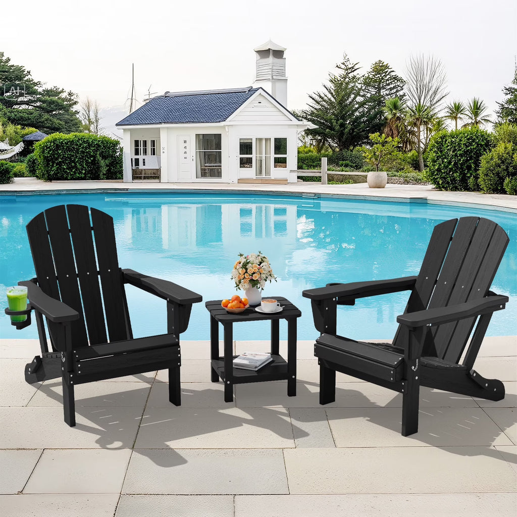 SERWALL Outdoor Adjustable Folding HDPE Adirondack Chairs Set of 2 with Cup Holder, Gray