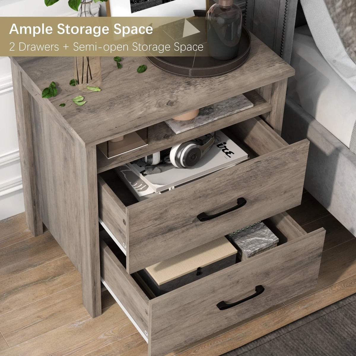 Farmhouse Nightstand with 2 Drawers, Rustic Grey Bedside Table with Open Shelf, Wooden Side End Table for Bedroom