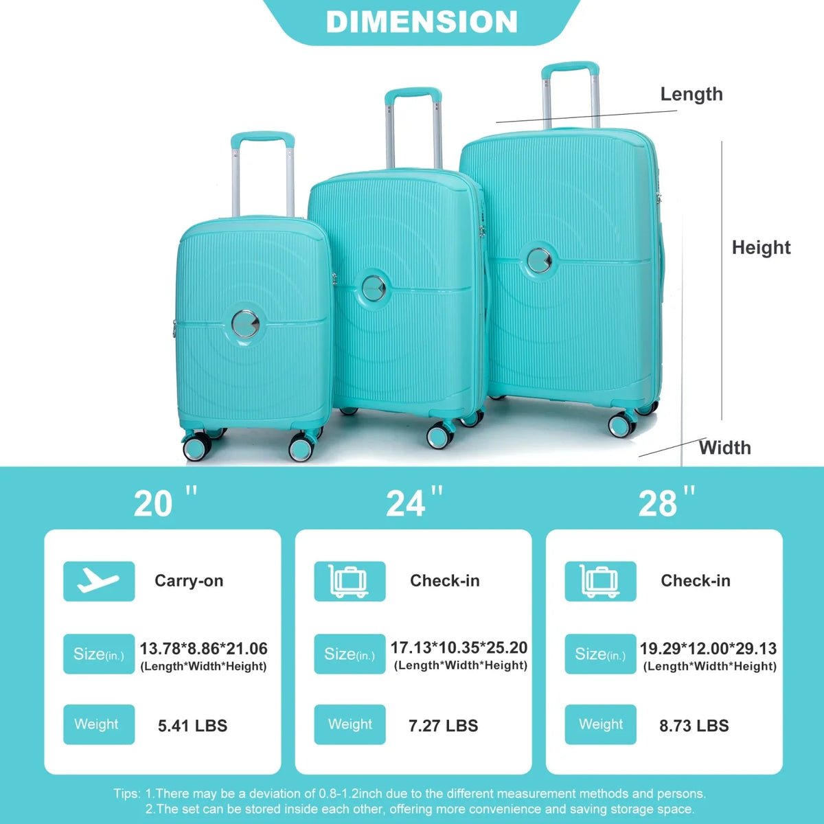 3 Pieces Luggage Set (20/24/28), Expandable PP Lightweight Hardshell Durable Suitcase with 4 Double 360 Degrees Mute Spinner Wheels and TSA Lock for Men Women, Black