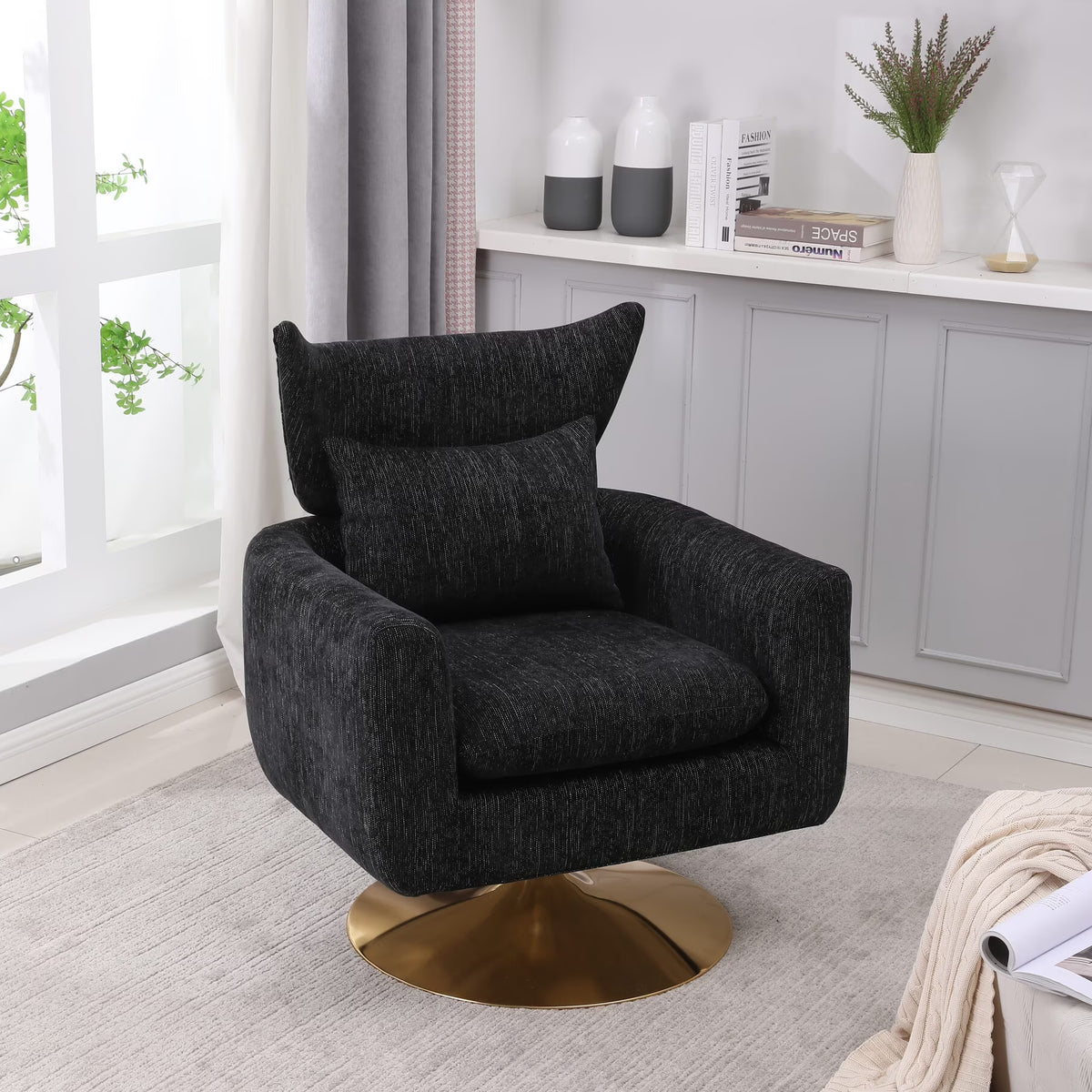 Swivel Accent Chair, Mid Century Modern 360 Degree Comfy Armchair with Wraparound Backrest, Linen Upholstered Single Sofa Chair for Living Room, Bedroom, Office, Orange
