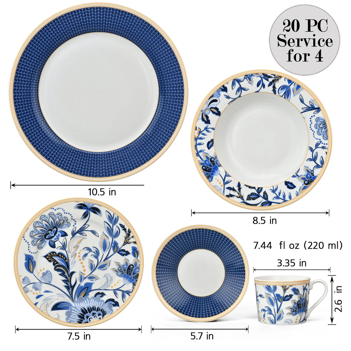 STP GOODS Melodie de Fleurs Bone China Dinnerware Set of 24 Service for 6 24-Piece Dish Set of Plates and Bowls, Blue Gold White