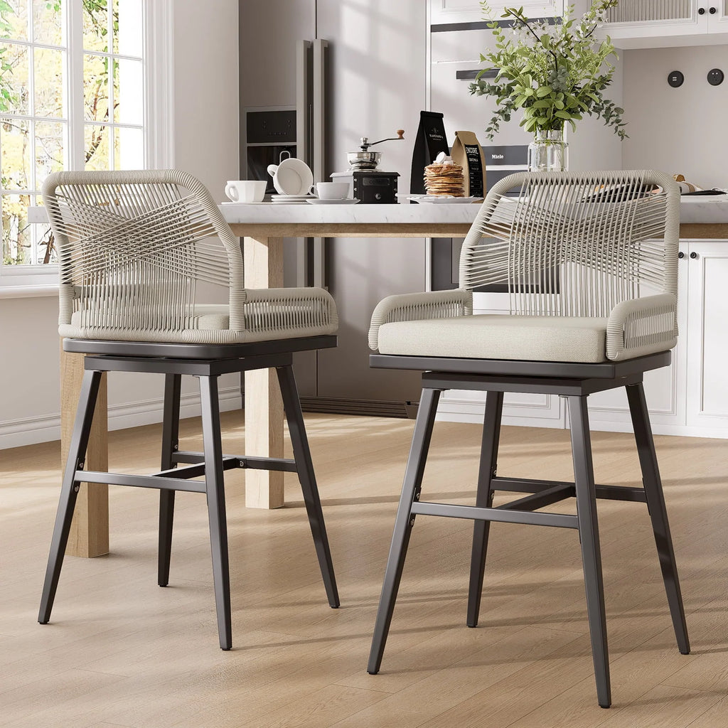 MEISSALIVVE Set of 2 Rattan Swivel Bar Stools, 26" Counter Height with Woven Rope Back, Cushioned Patio Bar Chairs for Kitchen, Garden, Beige