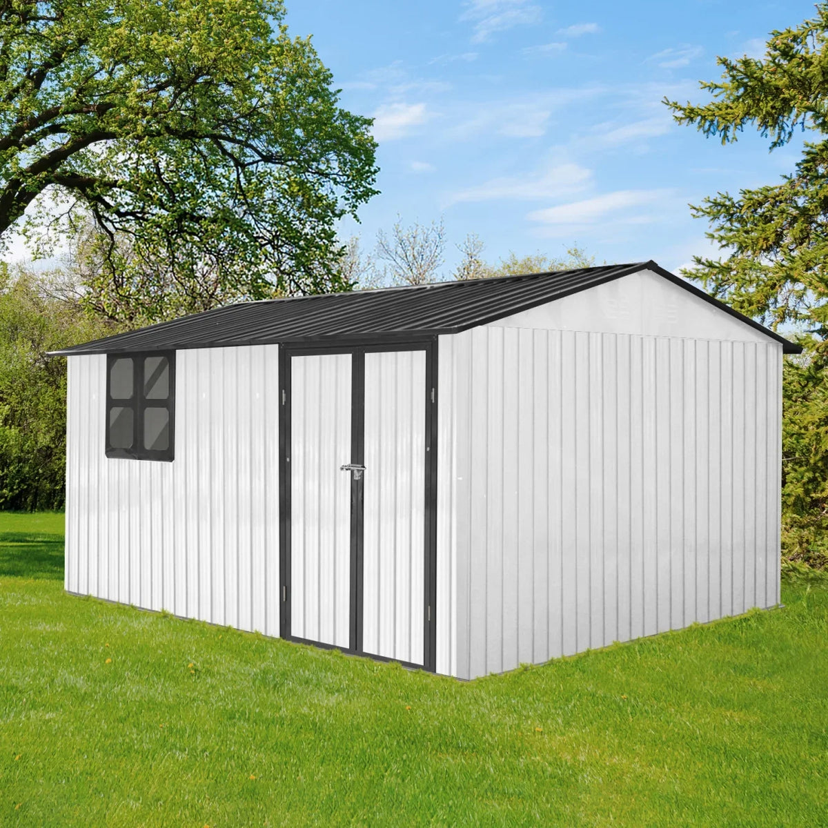 10x12 FT Outdoor Storage Shed, Metal Garden Tool Shed with Vents, Window and Bulit-in Hooks, Waterproof Organization for Home/Backyard/Garden Tools/Lawn Storage, Yellow+White