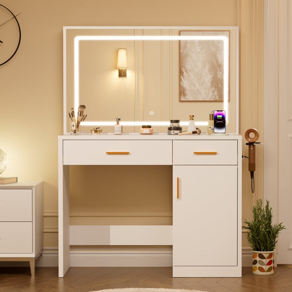 Blorly White Vanity Desk with Mirror, Makeup Vanity Table with LED Lights and Power Outlet, 3 Drawer, 4 Shelves, 1 Cabinet