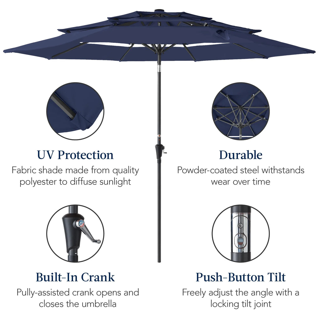 Best Choice Products 10ft 3-Tier Patio Umbrella, Market Sun Shade w/ Tilt Adjustment, Easy Crank - Red