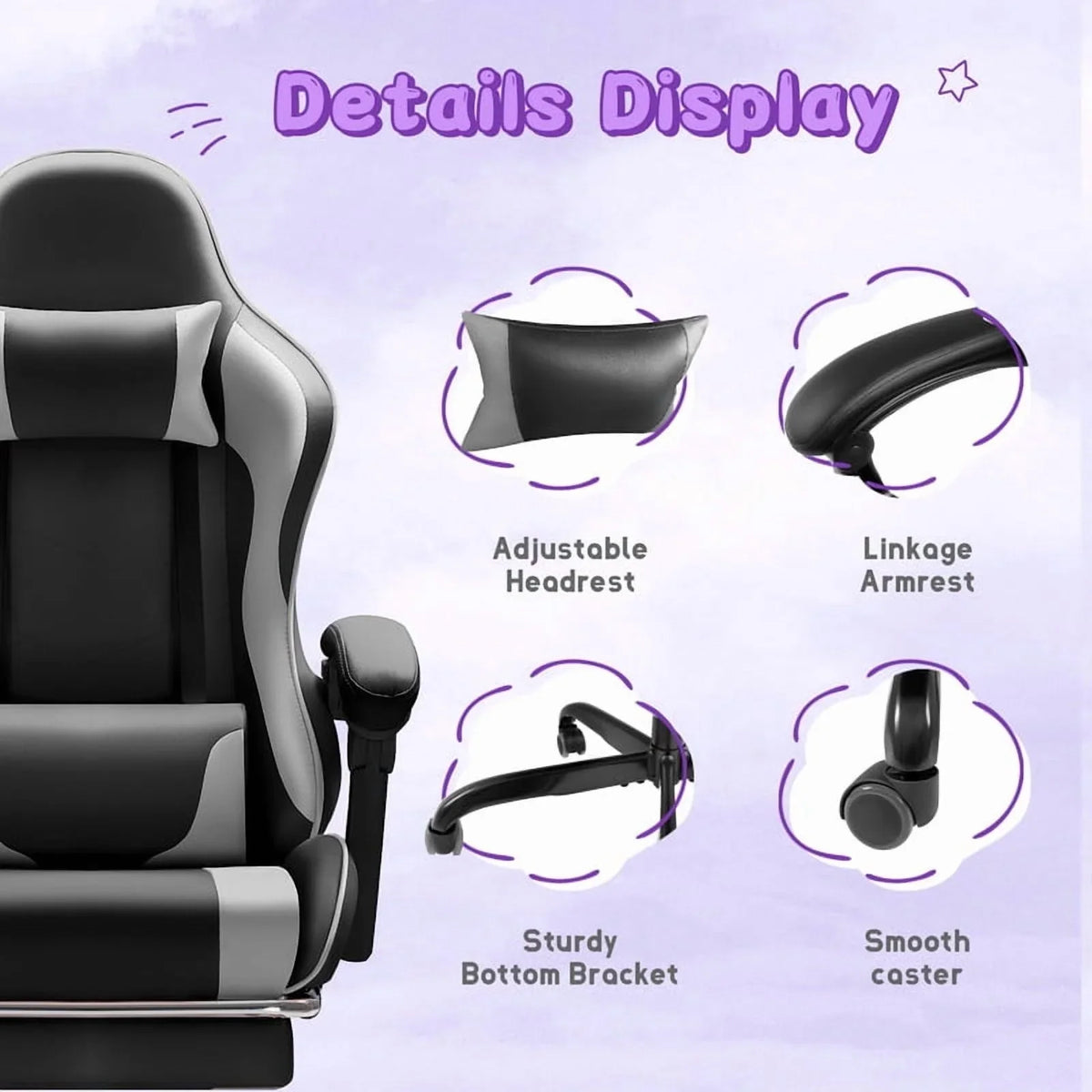 Lacoo PU Leather Gaming Chair Massage Ergonomic Gamer Chair Height Adjustable Computer Chair with Footrest & Lumbar Support, White