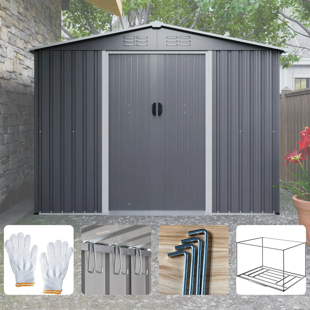 LZBEITEM 10 x 10 ft Outdoor Storage Shed with Floor Frame Kit, Galvanized Steel Garden Sheds, Garden Tool Shed with Double Lockable Doors for Backyard Patio Lawn, Grey