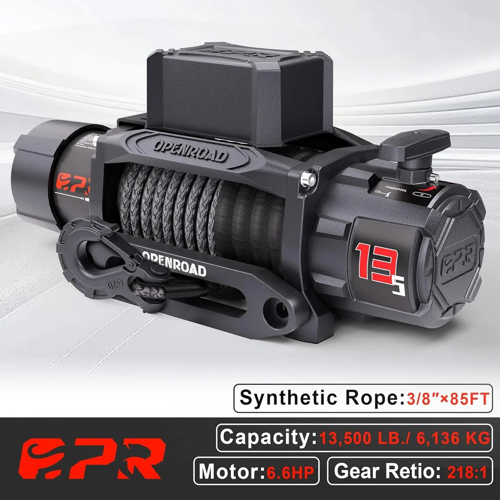 OPENROAD 13500 lb Recovery Winch with Synthetic Rope, 2 Wireless Controllers �C 12V Electric, IP68 Waterproof, Compatible with Jeep, SUV, Truck and Trailer - Panther Series 3S.