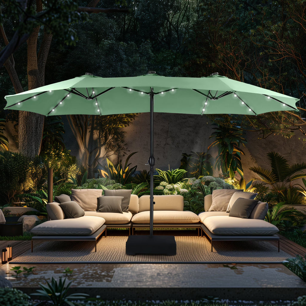 Alpha Joy 15ft Extra Large Outdoor Patio Double-Sided Umbrella with LED Solar Lights & Umbrella Base, Beige