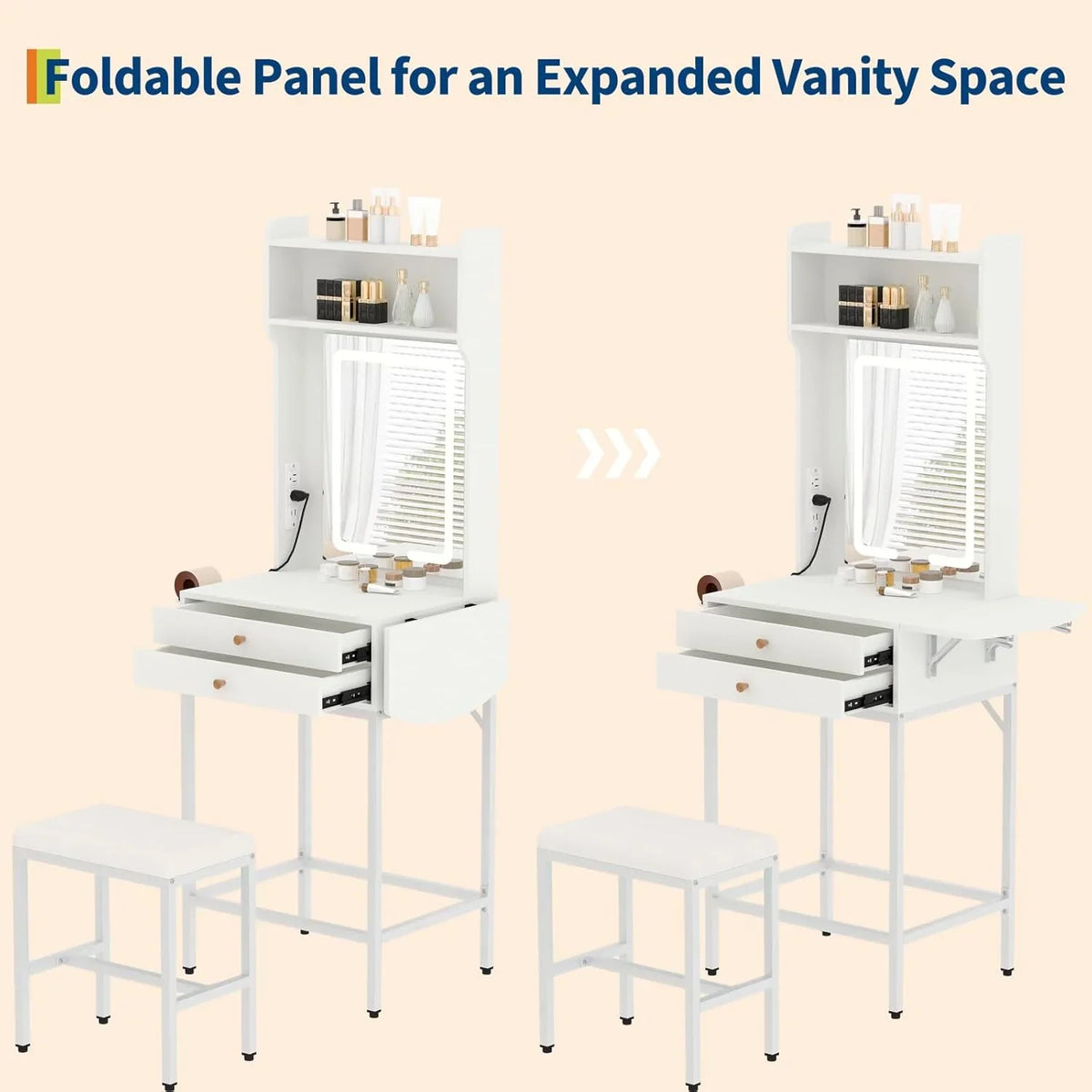 Small Makeup Vanity Desk with Mirror and Lights,Vanity Table Set with Storage Drawer,Hair Dryer Holder,Fold-Up Panel,Stool and Shelves,Compact Makeup Dressing Table for Bedroom Apartments
