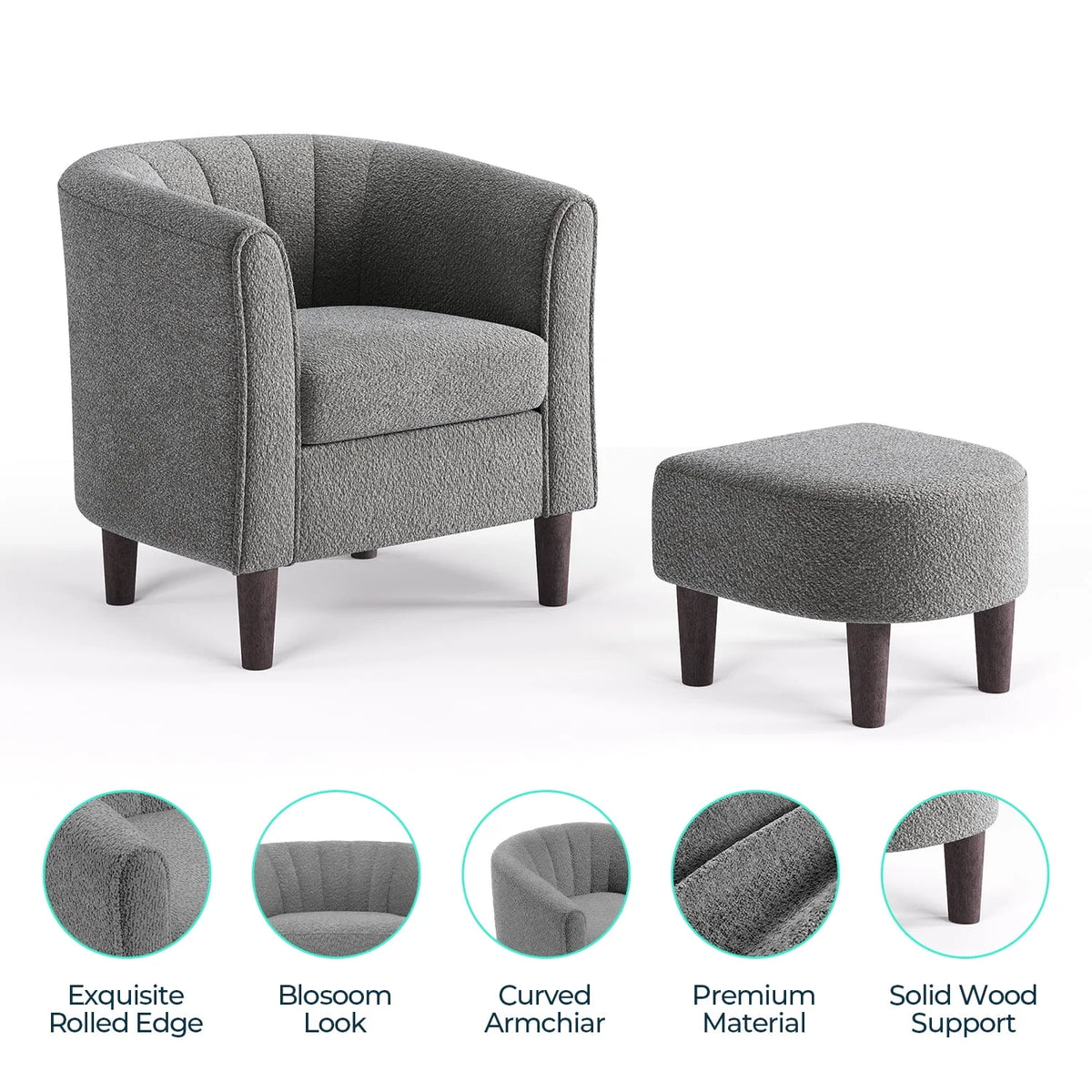 LINSY HOME Chenille Accent Chair with Ottoman for Living Room, Dark Gray