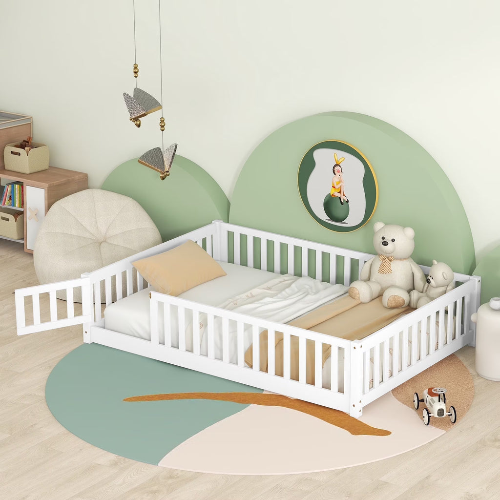 Bellemave Twin Size Floor Beds, Wood Montessori Bed with Fence Railings & Support Slats, No Box Spring Needed (Gray"