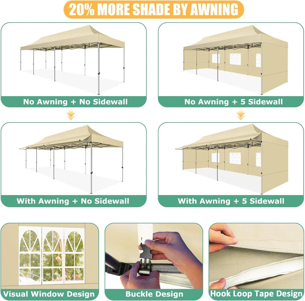 SANOPY 10x20 FT Pop Up Canopy Tent with Awning,Heavy Duty Canopy UPF 50+ All Season Wind Waterproof Commercial Outdoor Street Vendors Party Tents for Parties Canopy with Roller Bag
