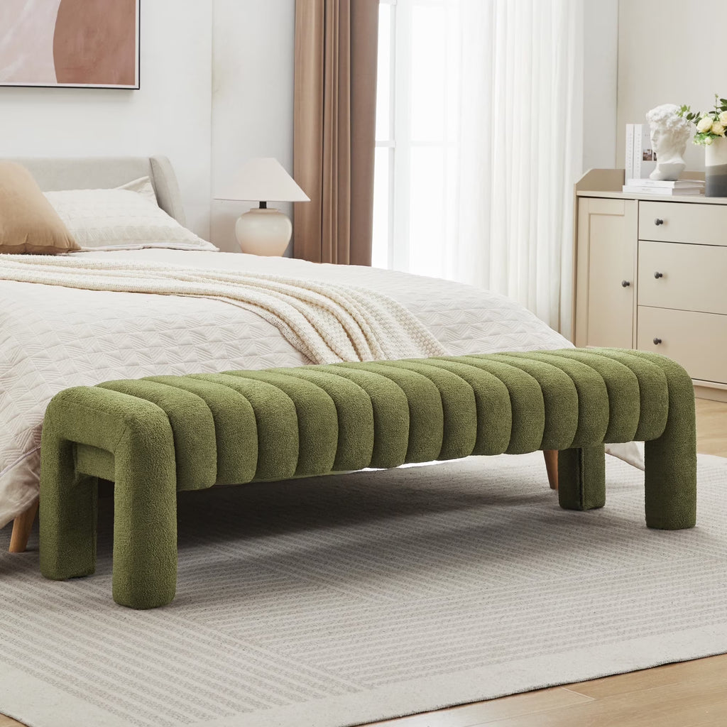 Zesthouse 63" End of Bed Bench, Linen Tufted Upholstered Ottoman Bench with Padded Seat and Solid Wood Leg, Modern Entryway Bench for Bedroom, Living Room, Beige