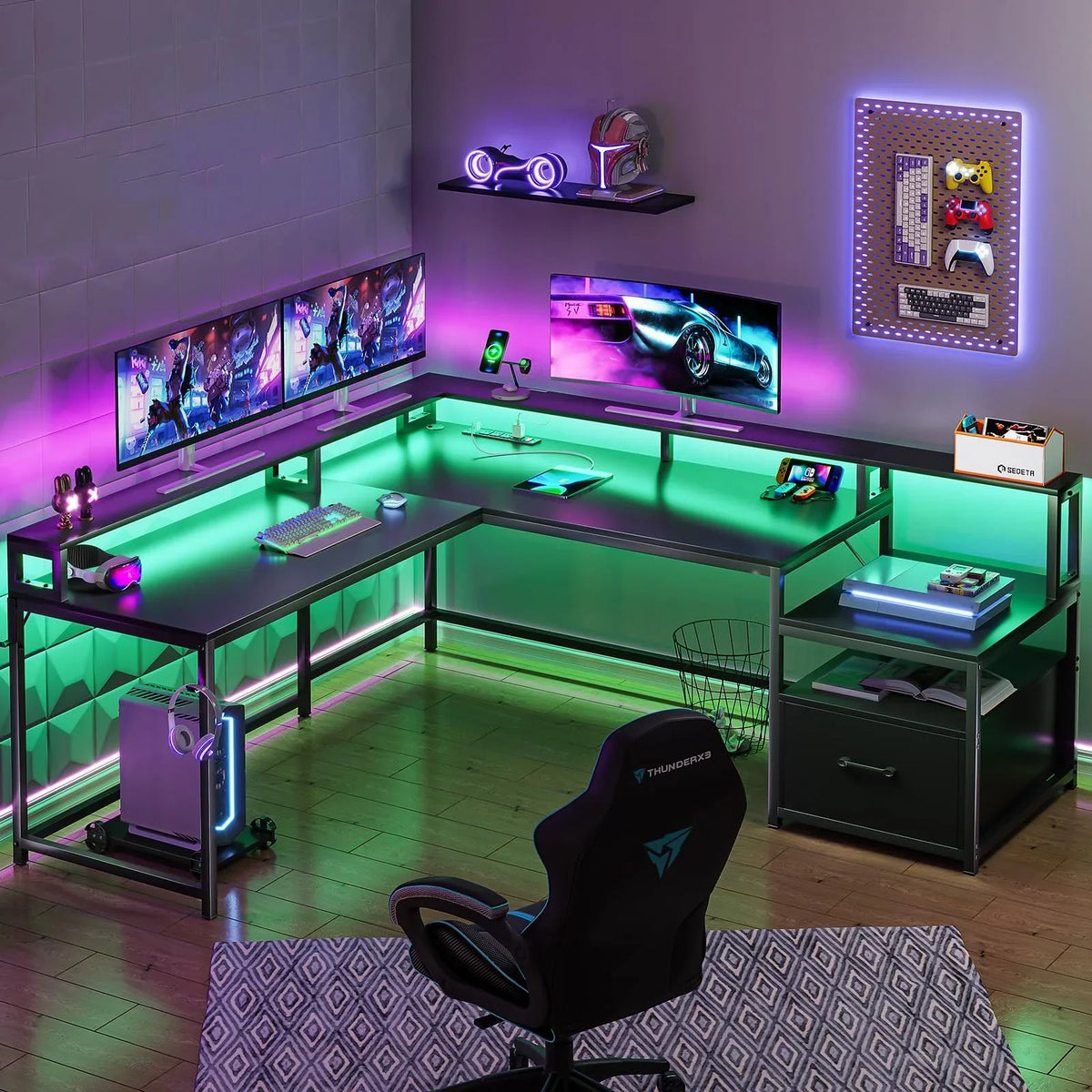 L Shaped Desk with Power Outlet and LED Lights, Corner Computer Desk with File Drawer for Home Office, Gaming Desk, Rustic Brown