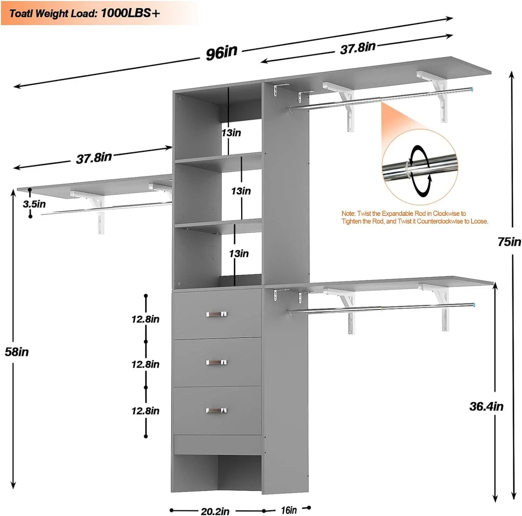 Homieasy 96 Inches Closet System, 8FT Walk In Closet Organizer with 3 Shelving Towers, Heavy Duty Clothes Rack with 3 Drawers, Built-In Garment Rack, 96" L x 16" W x 75" H, White