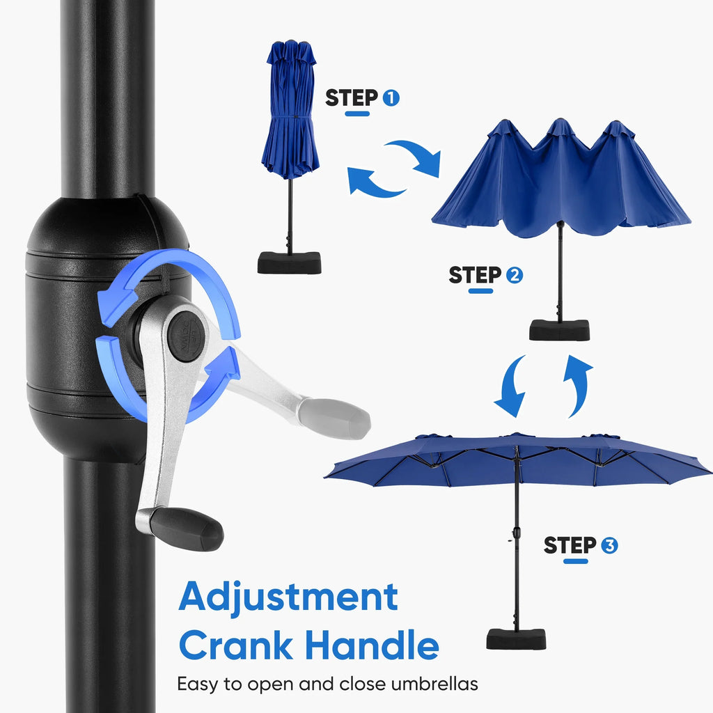 edx 15ft Patio Umbrellas (Base Included), Large Outdoor Double-Sided Rectangle Market Umbrella with Stand for Poolside, Lawn, and Backyard, Navy Blue