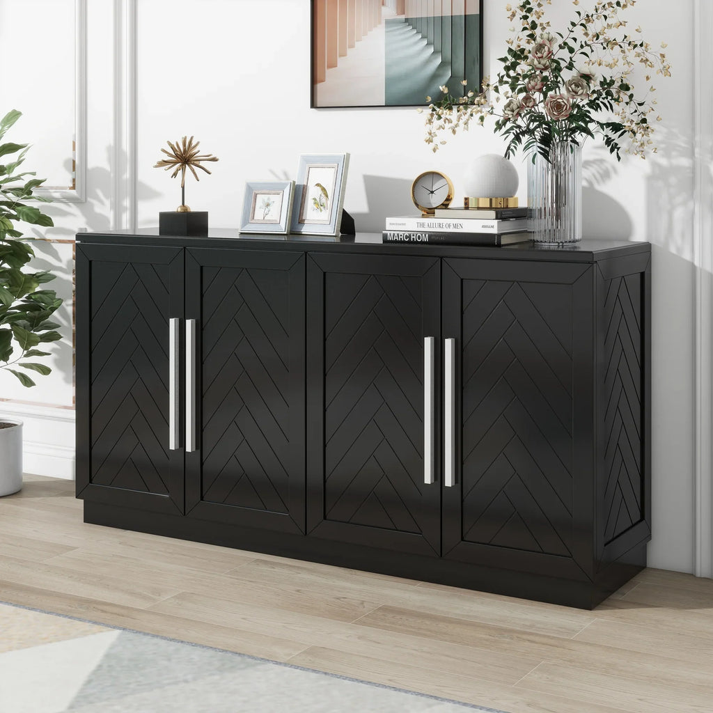 4-Door Buffet Sideboard, Modern Large Storage Cabinet Furniture with Adjustable Shelves&Silver Handles, Accent Cabinet Table, Console Table Cabinet for Kitchen Living Room Entryway Hallway, Navy Blue