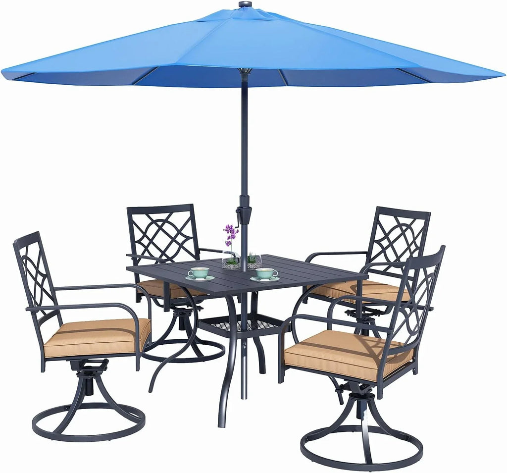 SUNCROWN 5-Piece Outdoor Wrought Iron Chairs and Table Patio Dining Furniture Set - 4 Stackable Metal Chairs, 1 Steel Slat Bistro Table and 1 Sky Blue 9Ft Patio Umbrella for Garden Backyard Deck