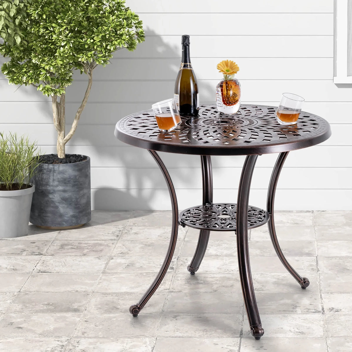 Gymax 31 Inch Diameter Round Table Patio Cast Aluminum Table w/ Umbrella Hol