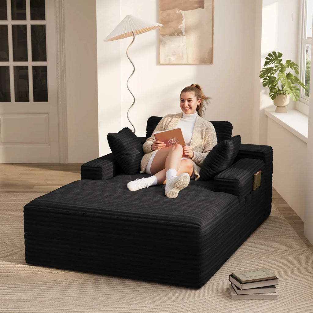 Lofka Oversized Chaise Lounge Indoor, 66"D Corduroy Upholstered Boneless Sofa Bed for Reading on Living Room & Bedroom, No Assembly Required (Beige)