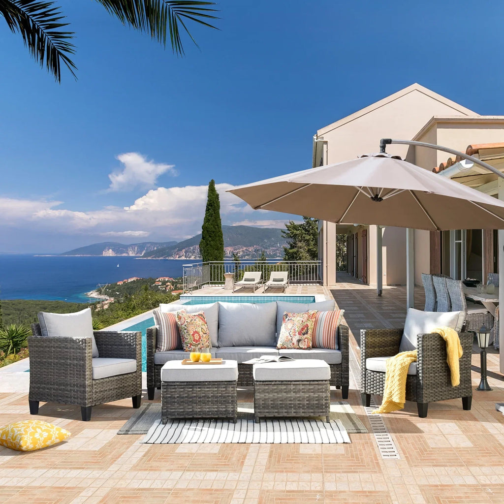 Ovios 5 Pieces Outdoor Patio Furniture Set Wicker Rattan Outdoor Conversation Comfortable Sectional Sofa with Steel Frame, Grey