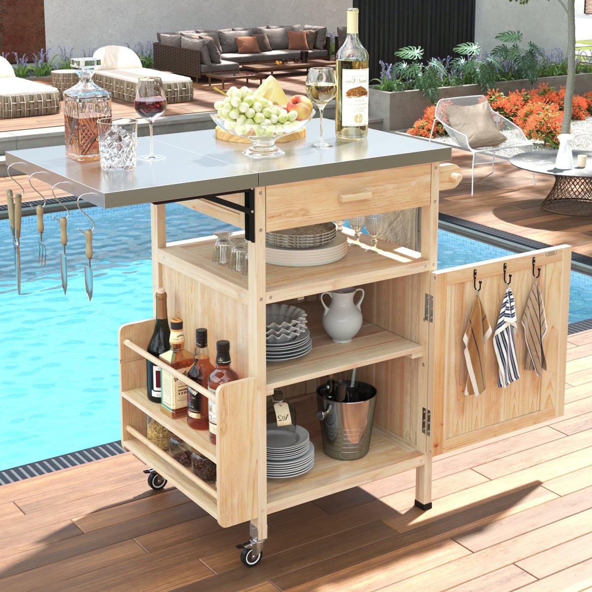Solid Wood Outdoor Kitchen Island with Drop Leaf, Grill Table with Stainless Steel Table Top, Outdoor Bar Cart & Storage Cabinet with Lockable Wheels, Drawer, Spice Rack, Blue Grey