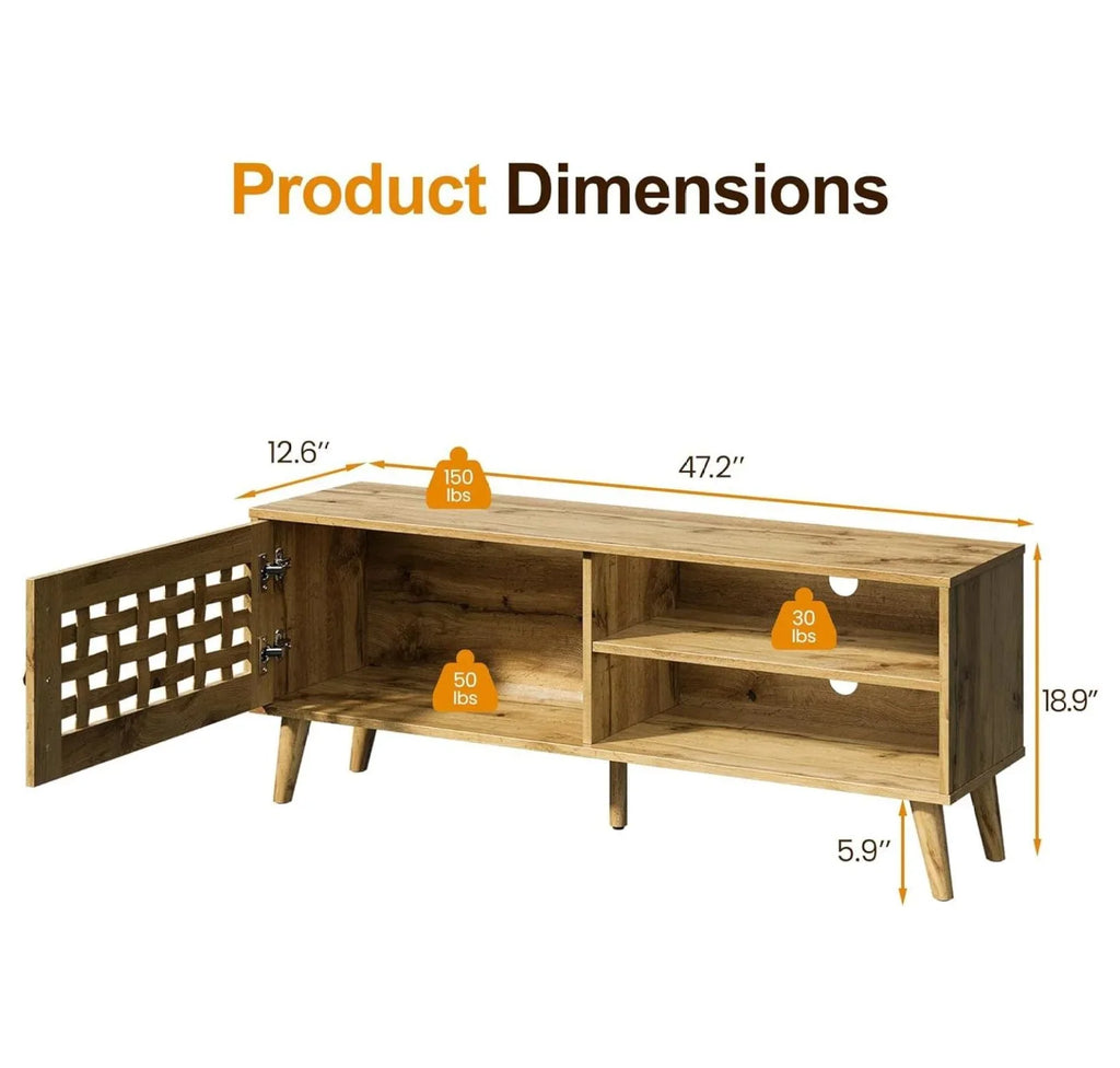 Rattan TV Stand, Fluted TV Stand with Storage, 47 inch Rattan Entertainment Center, Media Console Cabinet for Living Room, Bedroom 47'' -1 Door