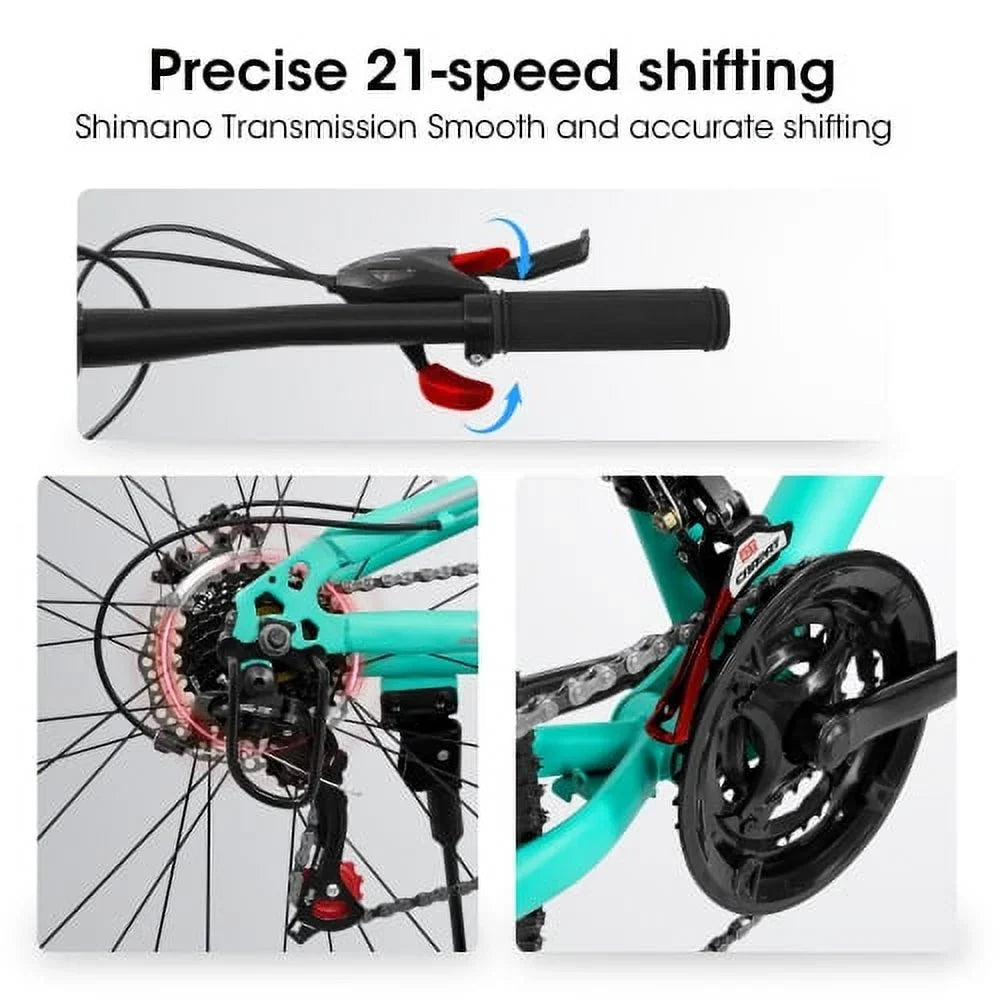Raistyw 26 inch Mountain Bike for Adult, Shimano 21-Speed Steel Frame Bicycle with Disc Brakes and Shock Fork, Blue and Green