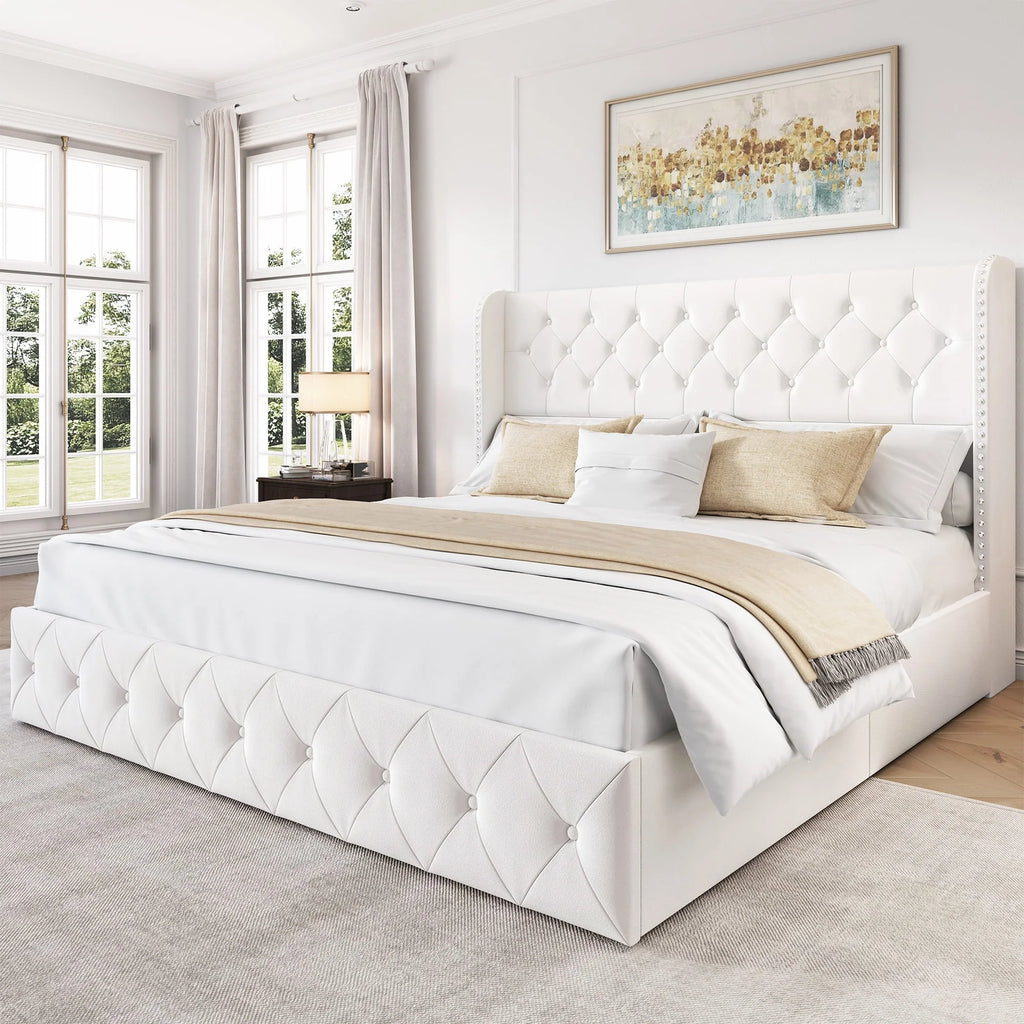 LARMACE Queen Size Platform Bed Frame with 4 Storage Drawers and Tufted Headboard Linen Upholstered Bed Wingback Bed Frame with Wooden Slats Support, Easy Assembly, Light Grey