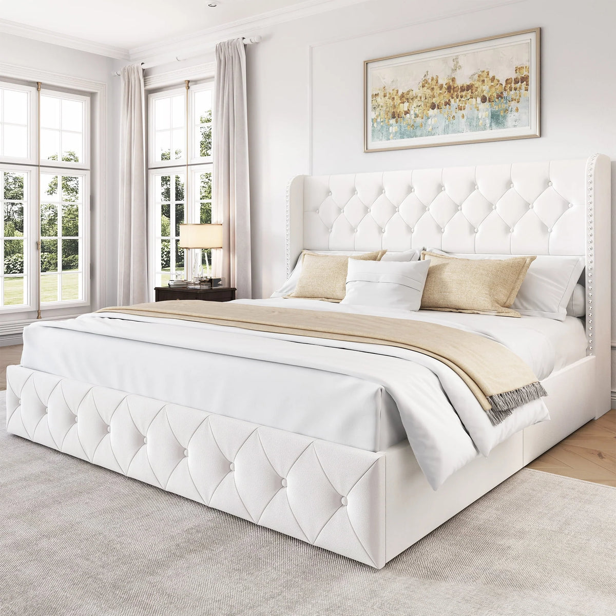 LARMACE Queen Size Platform Bed Frame with 4 Storage Drawers and Tufted Headboard Linen Upholstered Bed Wingback Bed Frame with Wooden Slats Support, Easy Assembly, Light Grey
