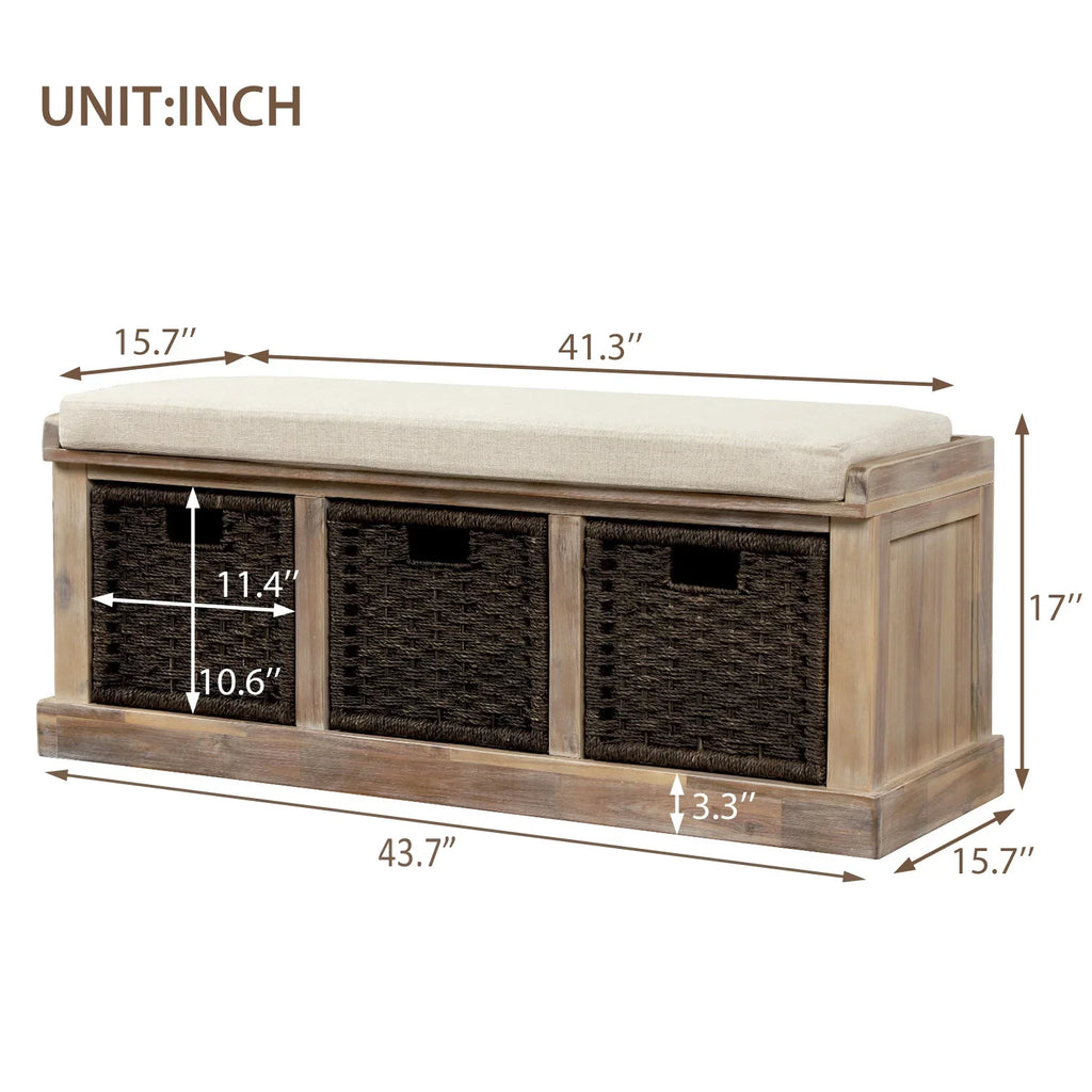 Entryway Storage Bench with 3 Woven Baskets and Removable Cushion, Entry Hallway Foyer Shoe Bench End of Bed Bench, Fully Assembled, 41.3" L x 15.7" W x 17" H (White Washed)