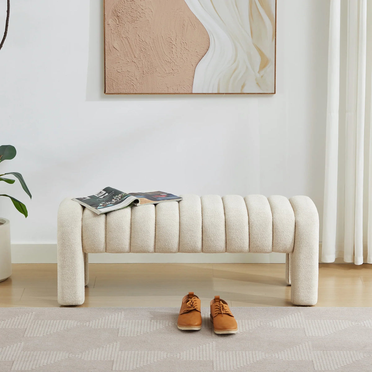 Zesthouse 63" End of Bed Bench, Linen Tufted Upholstered Ottoman Bench with Padded Seat and Solid Wood Leg, Modern Entryway Bench for Bedroom, Living Room, Beige